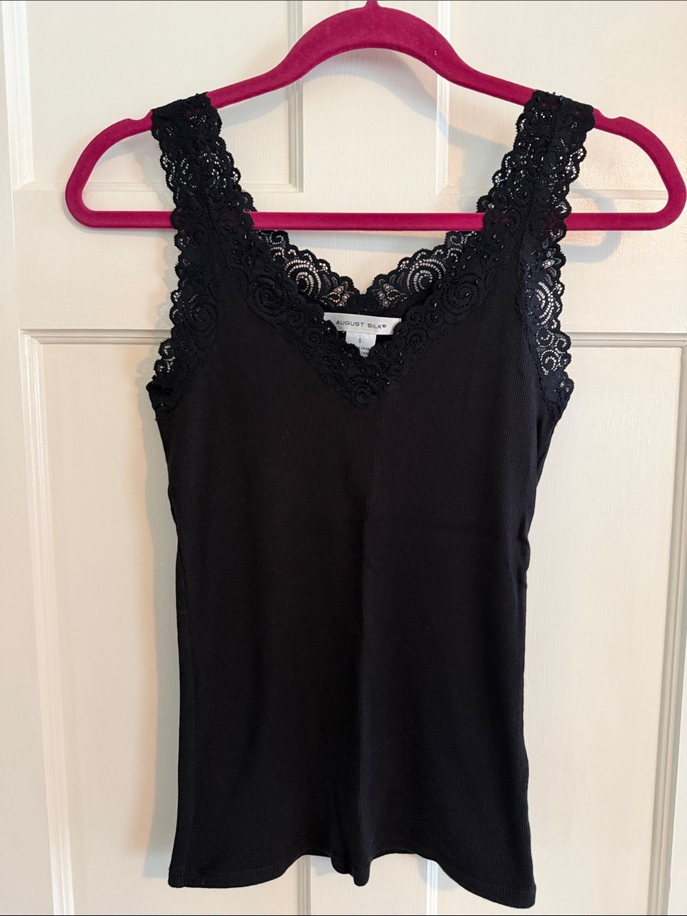 🌺 August Silk black v-neck tank with lace and beaded detail. Size S.